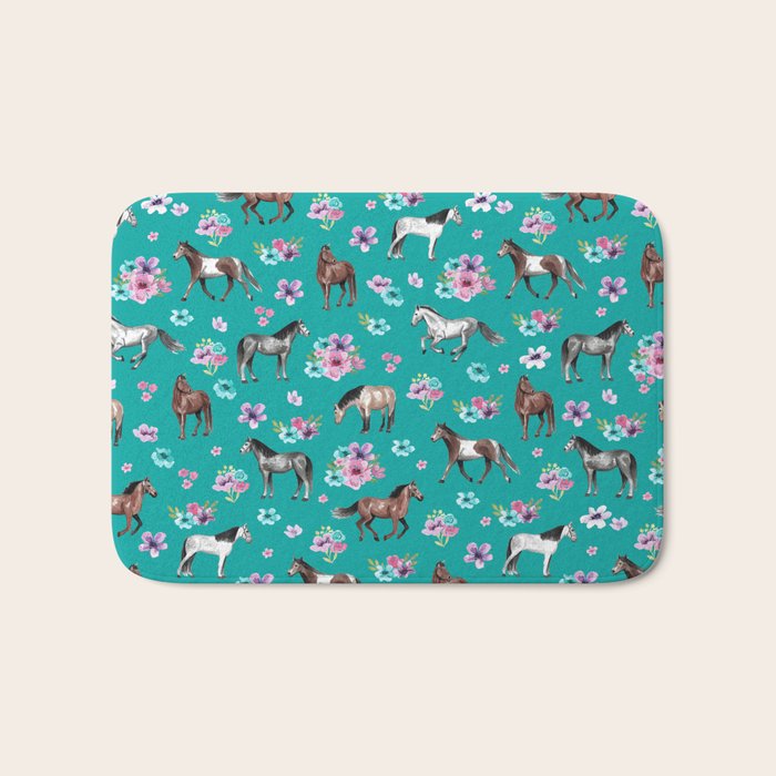 Horse Pattern, Floral Print, Turquoise, Little Girls Room, Horses Bath Mat Gallery Image 1