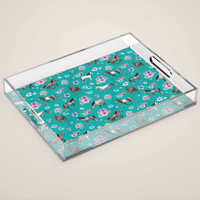 Horse Pattern, Floral Print, Turquoise, Little Girls Room, Horses Acrylic Tray Gallery Image 1