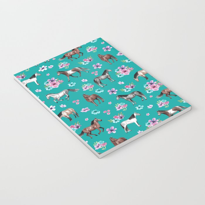 Horse Pattern, Floral Print, Turquoise, Little Girls Room, Horses Notebook Gallery Image 3