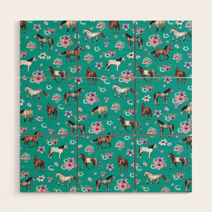 Horse Pattern, Floral Print, Turquoise, Little Girls Room, Horses Wood Wall Art Gallery Image 1