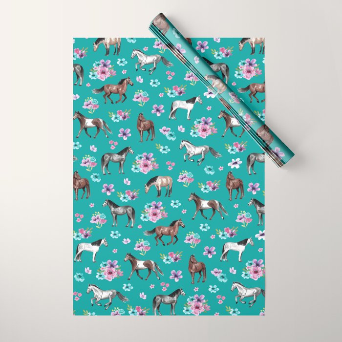 Horse Pattern, Floral Print, Turquoise, Little Girls Room, Horses Wrapping Paper Gallery Image 1