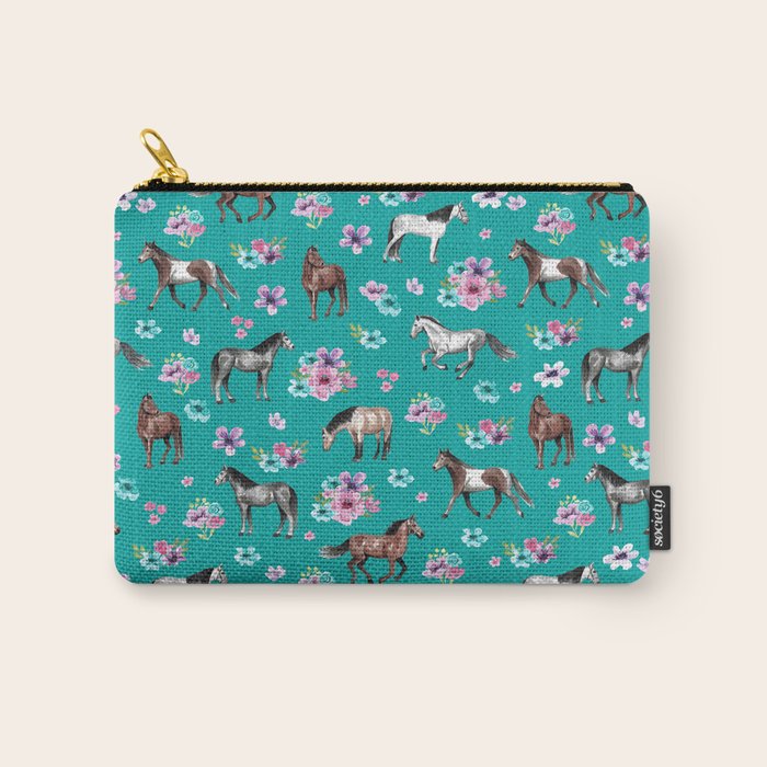 Horse Pattern, Floral Print, Turquoise, Little Girls Room, Horses Carry All Pouch Gallery Image 1
