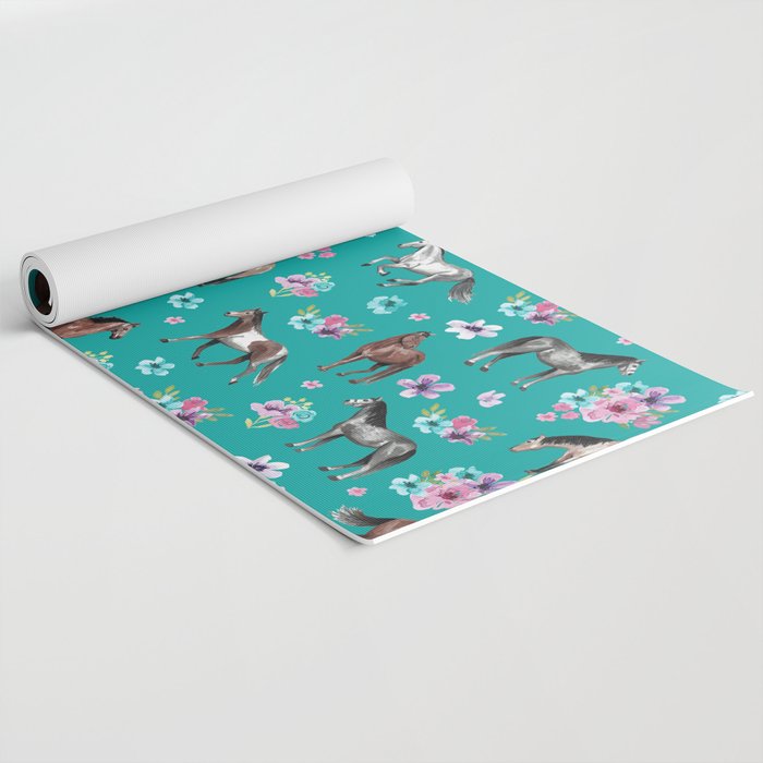 Horse Pattern, Floral Print, Turquoise, Little Girls Room, Horses Yoga Mat Gallery Image 2