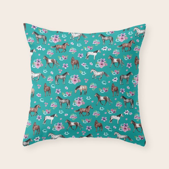 Horse Pattern, Floral Print, Turquoise, Little Girls Room, Horses Throw Pillow Gallery Image 6