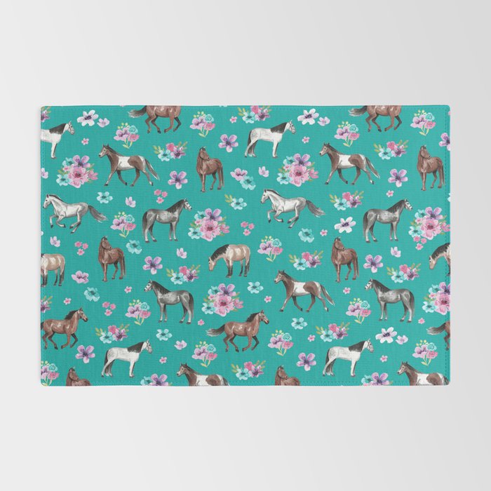 Horse Pattern, Floral Print, Turquoise, Little Girls Room, Horses Rug Gallery Image 2