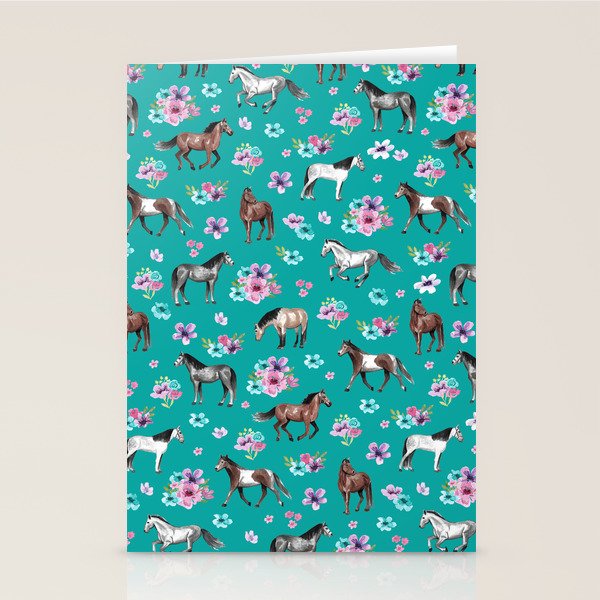 Horse Pattern, Floral Print, Turquoise, Little Girls Room, Horses Stationery Card Gallery Image 2