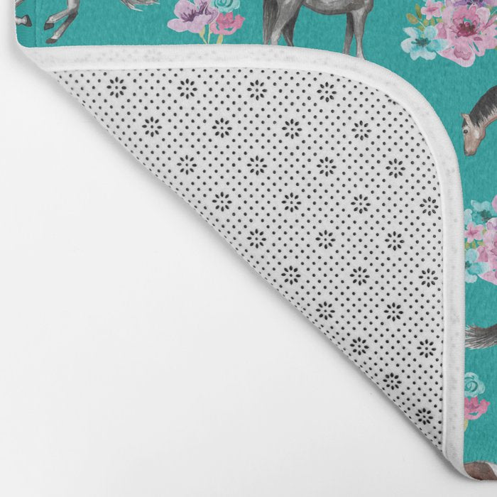 Horse Pattern, Floral Print, Turquoise, Little Girls Room, Horses Bath Mat Gallery Image 2