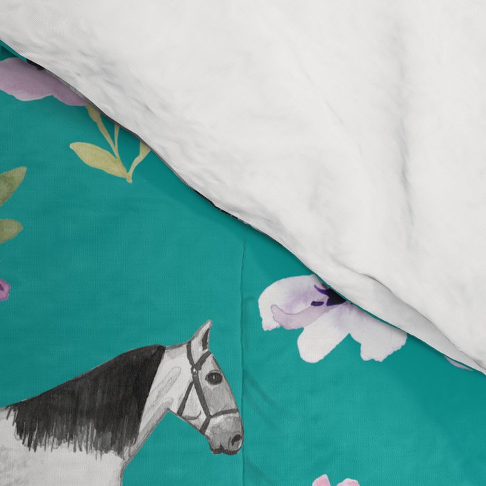 Horse Pattern, Floral Print, Turquoise, Little Girls Room, Horses Comforter Gallery Image 4