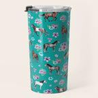 Horse Pattern, Floral Print, Turquoise, Little Girls Room, Horses Travel Mug Gallery Image 3