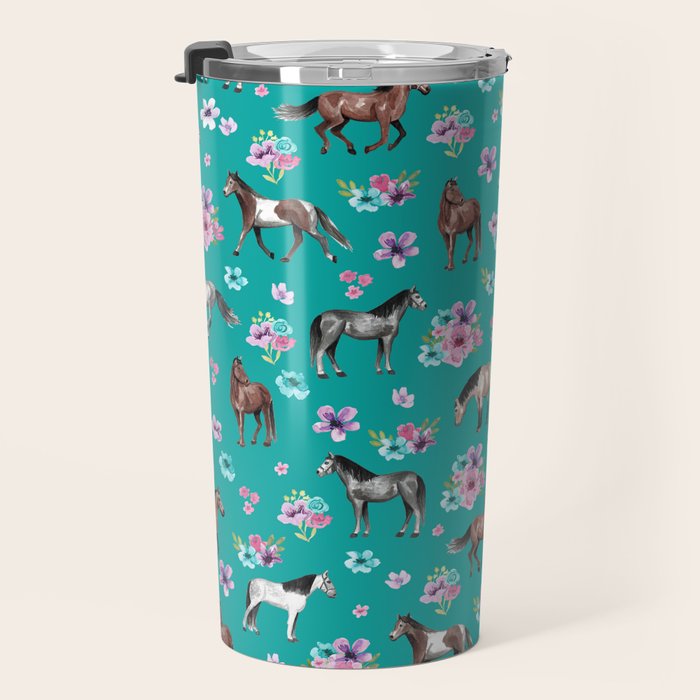 Horse Pattern, Floral Print, Turquoise, Little Girls Room, Horses Travel Mug Gallery Image 3