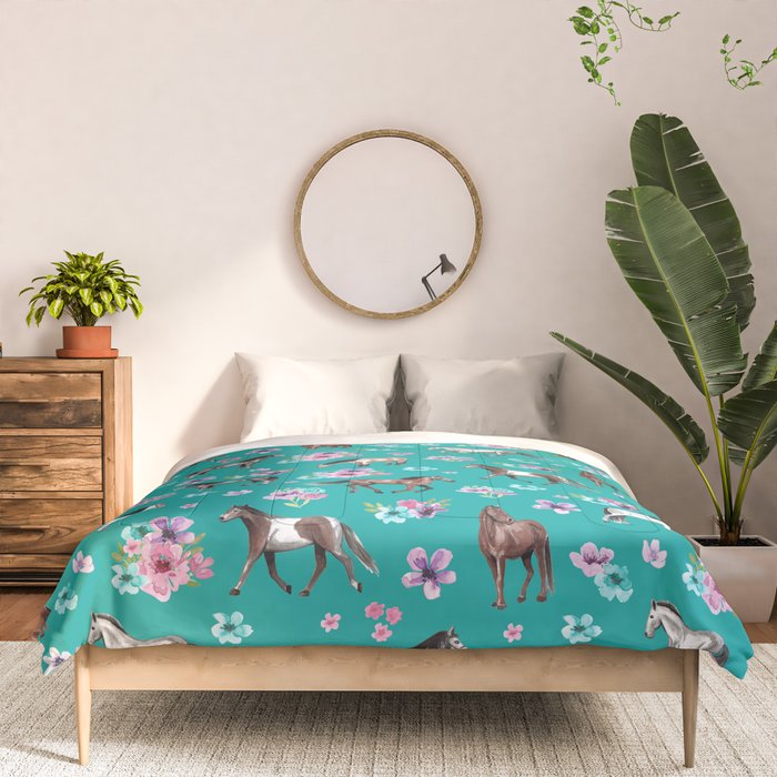 Horse Pattern, Floral Print, Turquoise, Little Girls Room, Horses Comforter Gallery Image 3