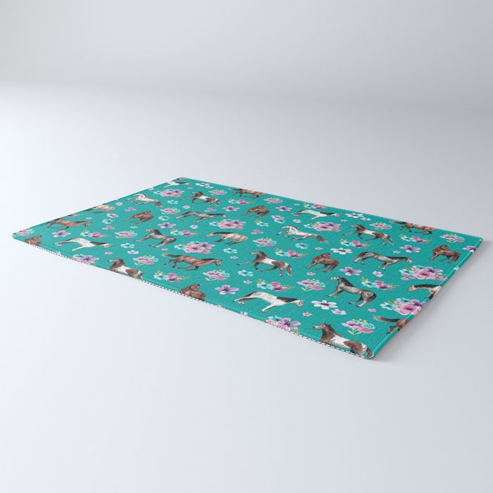Horse Pattern, Floral Print, Turquoise, Little Girls Room, Horses Rug Gallery Image 3
