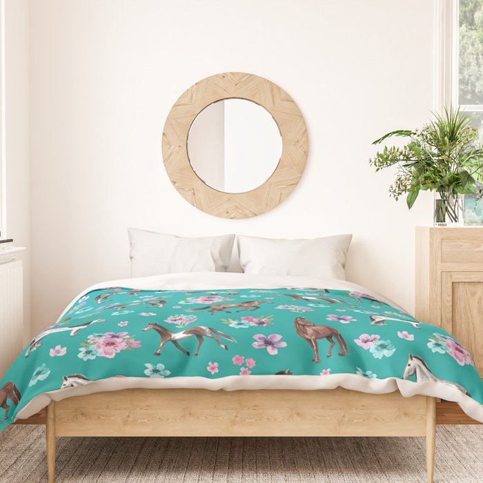 Horse Pattern, Floral Print, Turquoise, Little Girls Room, Horses Duvet Cover Gallery Image 3