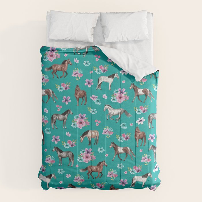 Horse Pattern, Floral Print, Turquoise, Little Girls Room, Horses Comforter Gallery Image 1