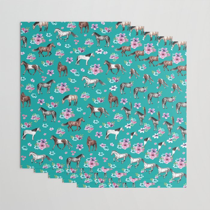 Horse Pattern, Floral Print, Turquoise, Little Girls Room, Horses Wrapping Paper Gallery Image 3