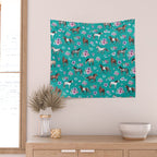 Horse Pattern, Floral Print, Turquoise, Little Girls Room, Horses Wall Tapestry Gallery Image 2