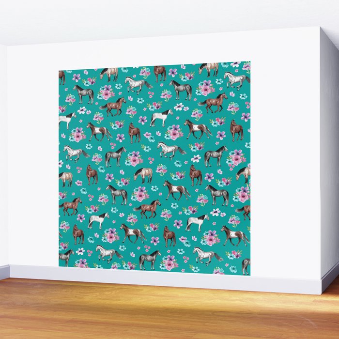 Horse Pattern, Floral Print, Turquoise, Little Girls Room, Horses Wall Mural Gallery Image 2