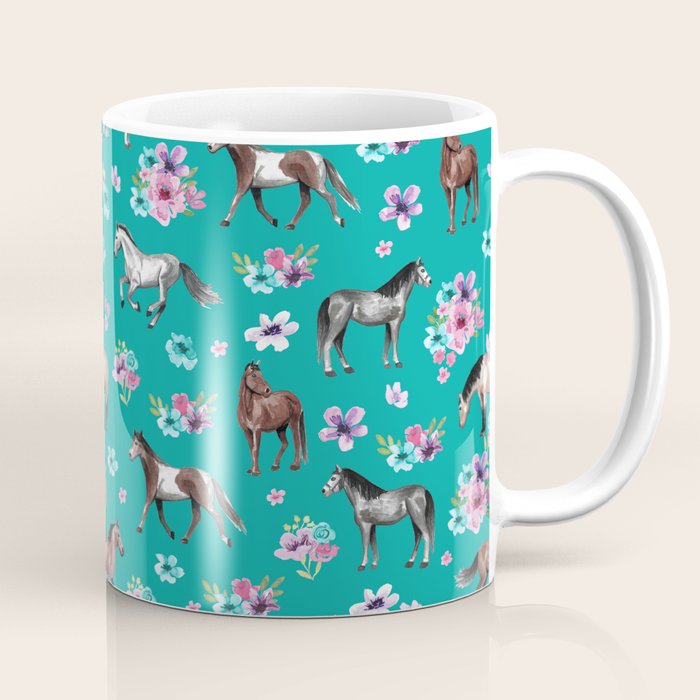 Horse Pattern, Floral Print, Turquoise, Little Girls Room, Horses Coffee Mug Gallery Image 1