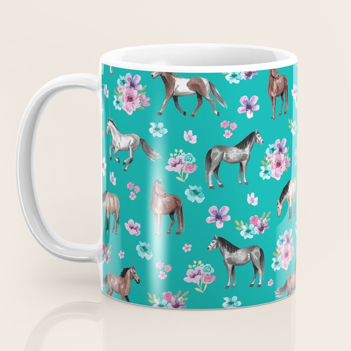 Horse Pattern, Floral Print, Turquoise, Little Girls Room, Horses Coffee Mug Gallery Image 3