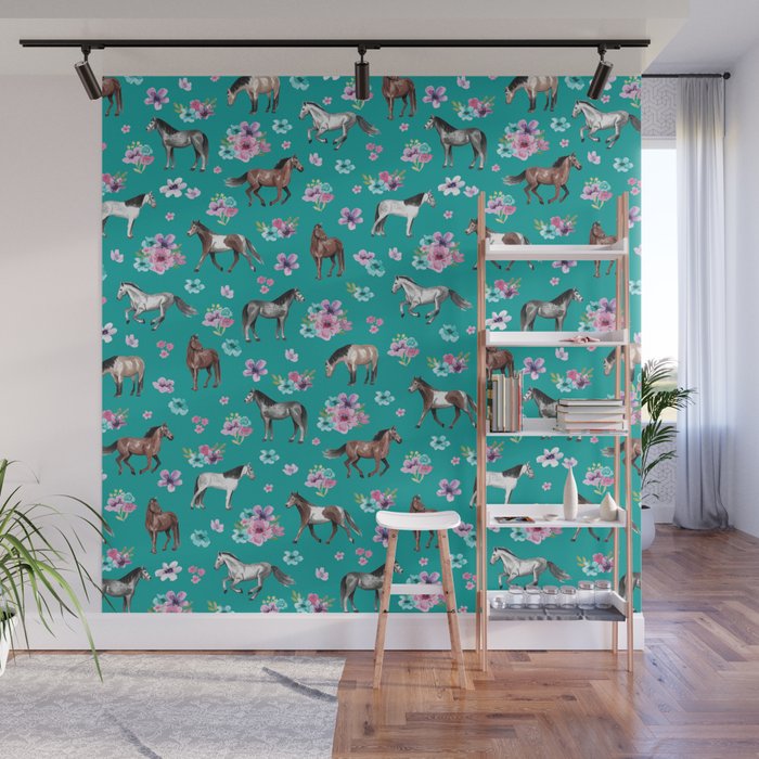 Horse Pattern, Floral Print, Turquoise, Little Girls Room, Horses Wall Mural Gallery Image 1