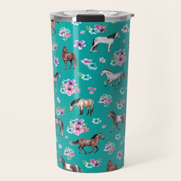 Horse Pattern, Floral Print, Turquoise, Little Girls Room, Horses Travel Mug Gallery Image 1