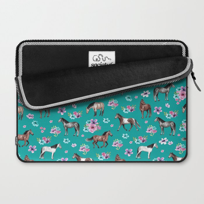 Horse Pattern, Floral Print, Turquoise, Little Girls Room, Horses Laptop Sleeve Gallery Image 2