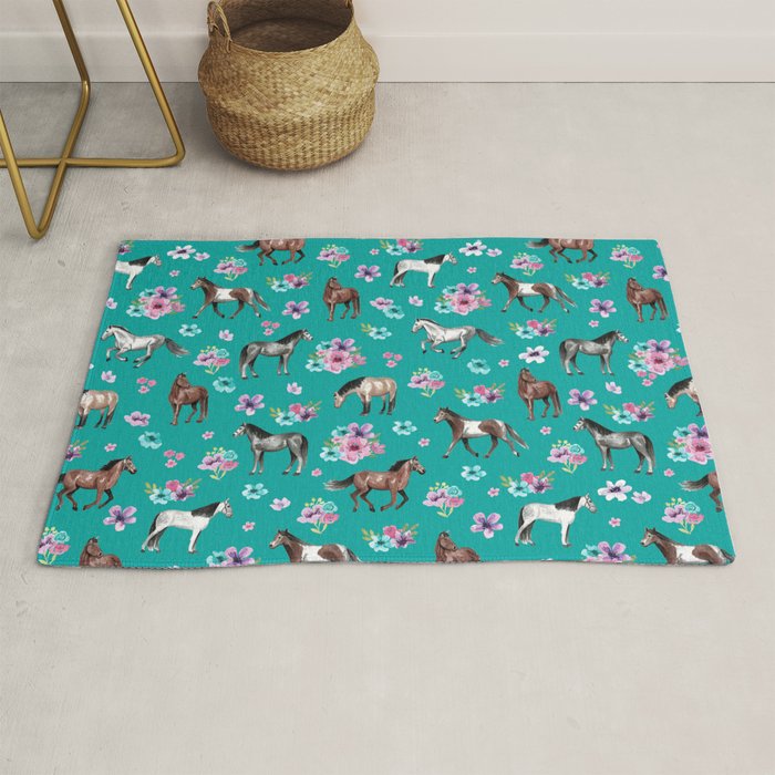 Horse Pattern, Floral Print, Turquoise, Little Girls Room, Horses Rug Gallery Image 1