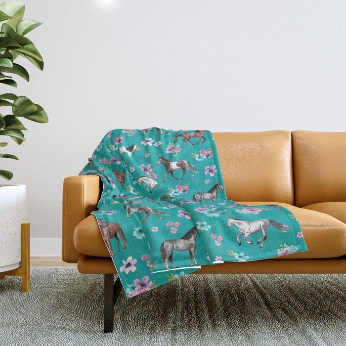 Horse Pattern, Floral Print, Turquoise, Little Girls Room, Horses Throw Blanket Gallery Image 1
