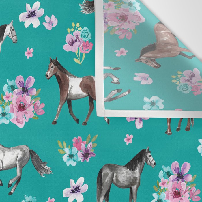 Horse Pattern, Floral Print, Turquoise, Little Girls Room, Horses Wall Tapestry Gallery Image 3
