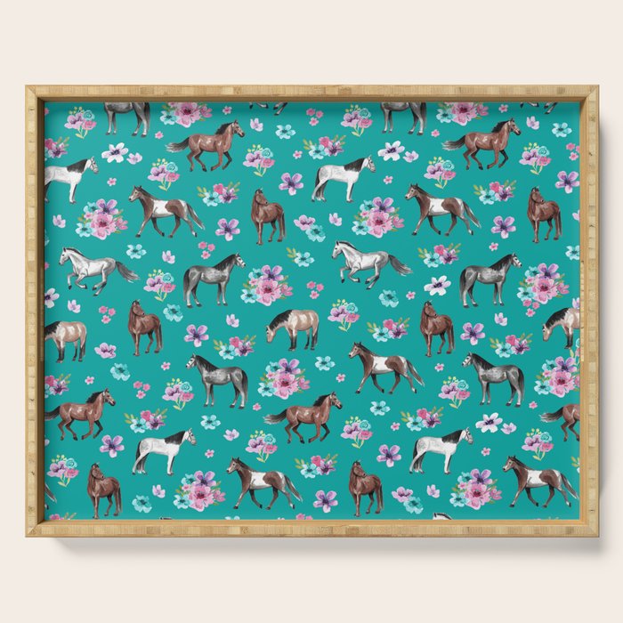 Horse Pattern, Floral Print, Turquoise, Little Girls Room, Horses Serving Tray Gallery Image 1