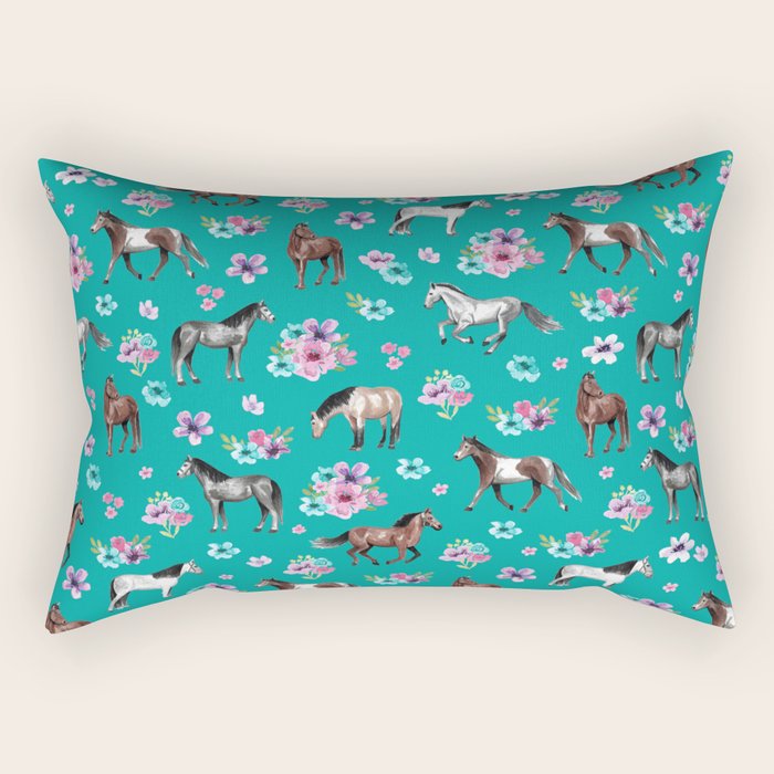 Horse Pattern, Floral Print, Turquoise, Little Girls Room, Horses Rectangular Pillow Gallery Image 1