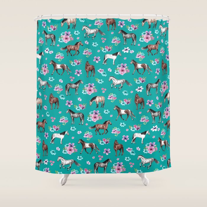 Horse Pattern, Floral Print, Turquoise, Little Girls Room, Horses Shower Curtain Gallery Image 1