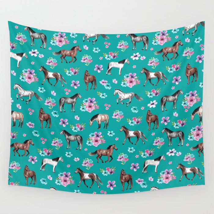 Horse Pattern, Floral Print, Turquoise, Little Girls Room, Horses Wall Tapestry Gallery Image 4
