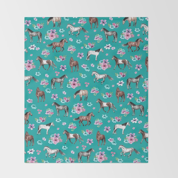Horse Pattern, Floral Print, Turquoise, Little Girls Room, Horses Throw Blanket Gallery Image 2