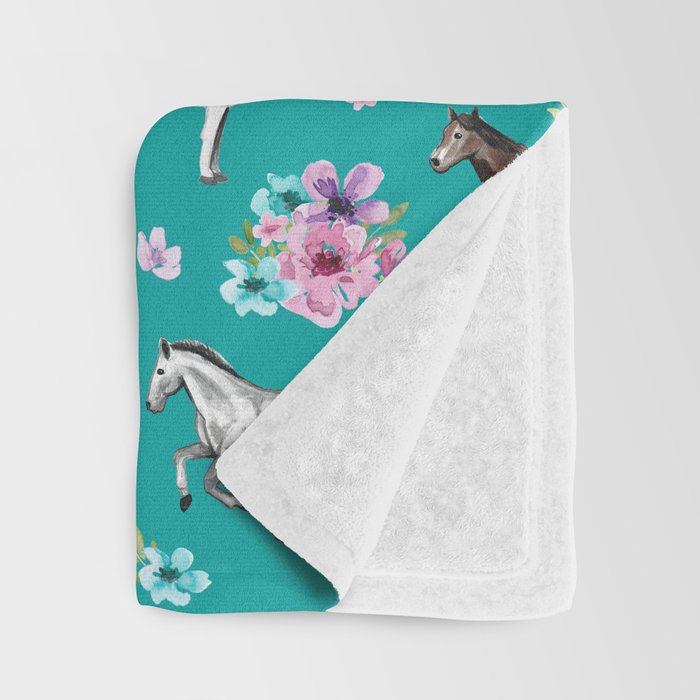Horse Pattern, Floral Print, Turquoise, Little Girls Room, Horses Throw Blanket Gallery Image 3