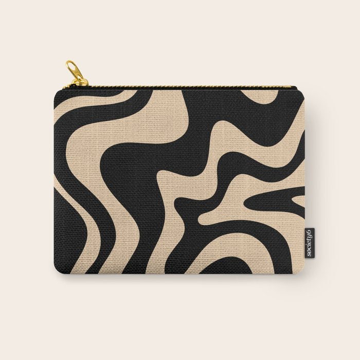 Retro Liquid Swirl Abstract Pattern in Black and Camel Carry All Pouch Gallery Image 1