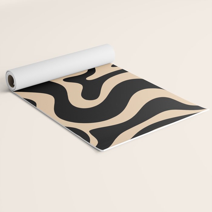 Retro Liquid Swirl Abstract Pattern in Black and Camel Yoga Mat Gallery Image 2