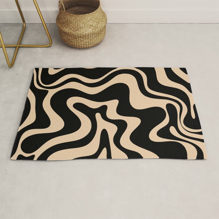 Retro Liquid Swirl Abstract Pattern in Black and Camel Rug Gallery Image 1