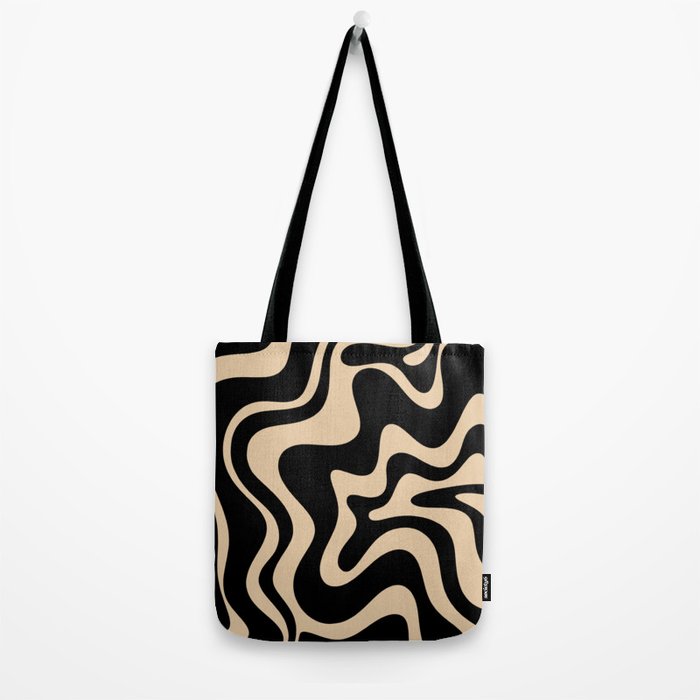 Retro Liquid Swirl Abstract Pattern in Black and Camel Tote Bag Gallery Image 2