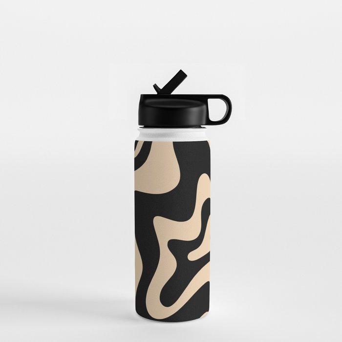 Retro Liquid Swirl Abstract Pattern in Black and Camel Water Bottle Gallery Image 1