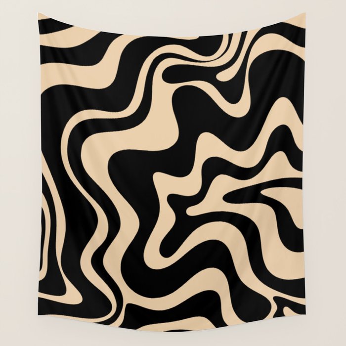 Retro Liquid Swirl Abstract Pattern in Black and Camel Wall Tapestry Gallery Image 4