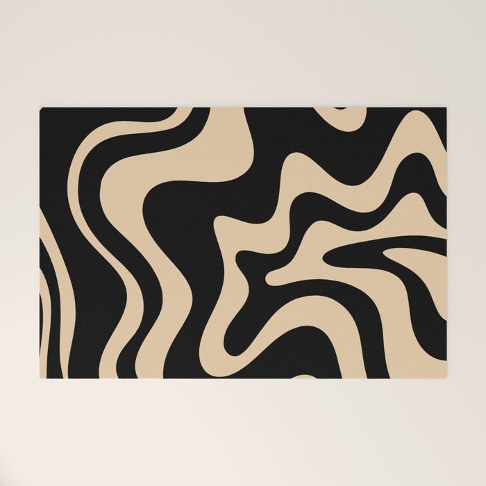 Retro Liquid Swirl Abstract Pattern in Black and Camel Welcome Mat Gallery Image 1