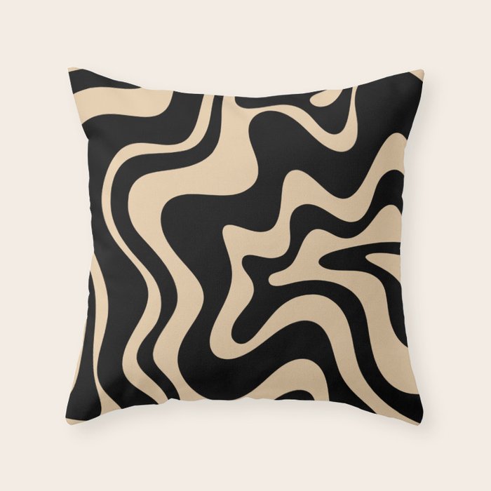 Retro Liquid Swirl Abstract Pattern in Black and Camel Throw Pillow Gallery Image 6