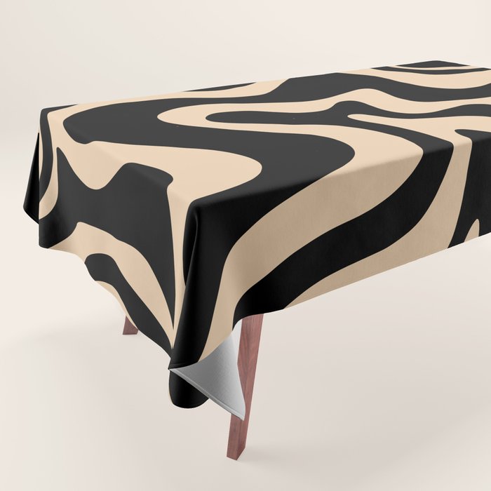 Retro Liquid Swirl Abstract Pattern in Black and Camel Tablecloth Gallery Image 1