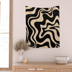 Retro Liquid Swirl Abstract Pattern in Black and Camel Wall Tapestry Gallery Image 2