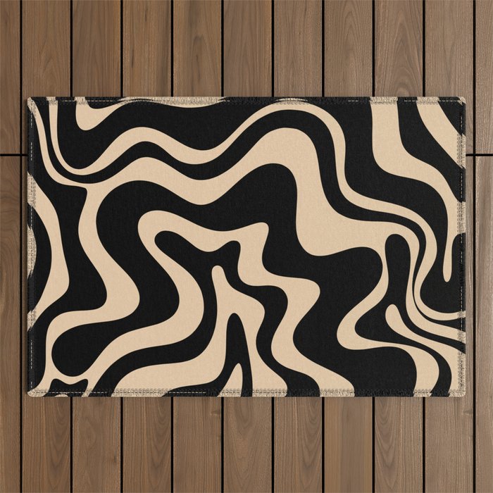 Retro Liquid Swirl Abstract Pattern in Black and Camel Outdoor Rug Gallery Image 1