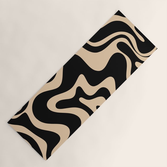 Retro Liquid Swirl Abstract Pattern in Black and Camel Yoga Mat Gallery Image 1