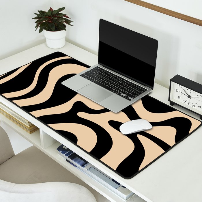 Retro Liquid Swirl Abstract Pattern in Black and Camel Desk Mat Gallery Image 2