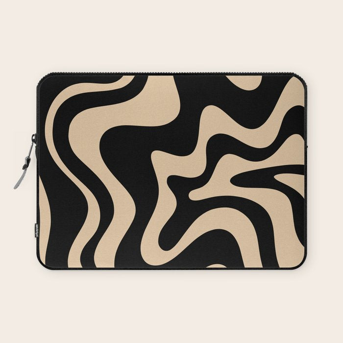 Retro Liquid Swirl Abstract Pattern in Black and Camel Laptop Sleeve Gallery Image 1