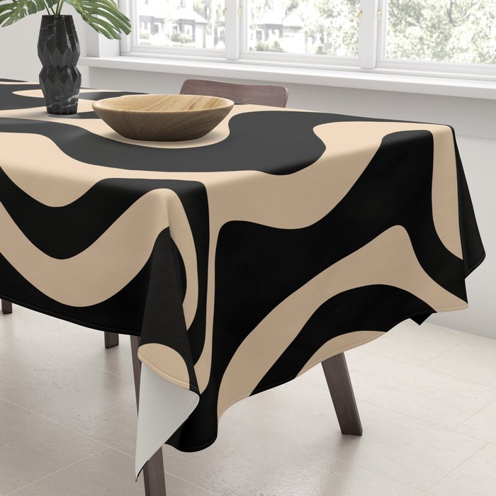 Retro Liquid Swirl Abstract Pattern in Black and Camel Tablecloth Gallery Image 3
